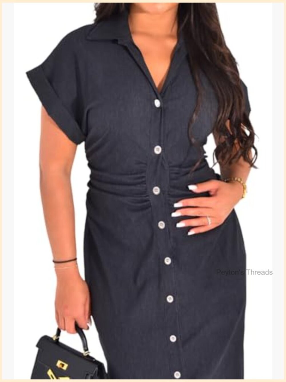 Short Sleeve Denim Shirt Dress Casual Button Down Ruched Long Dress Slim Fit - Picture 6 of 7